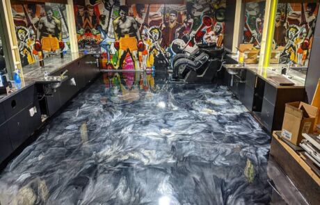 Metallic epoxy flooring inside Dalby barber shop