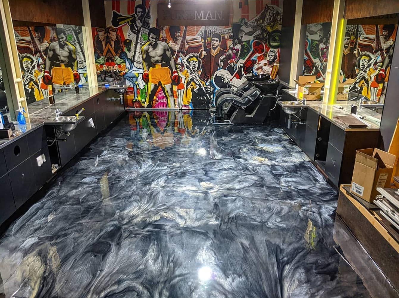 Metallic epoxy flooring inside Brisbane barber shop
